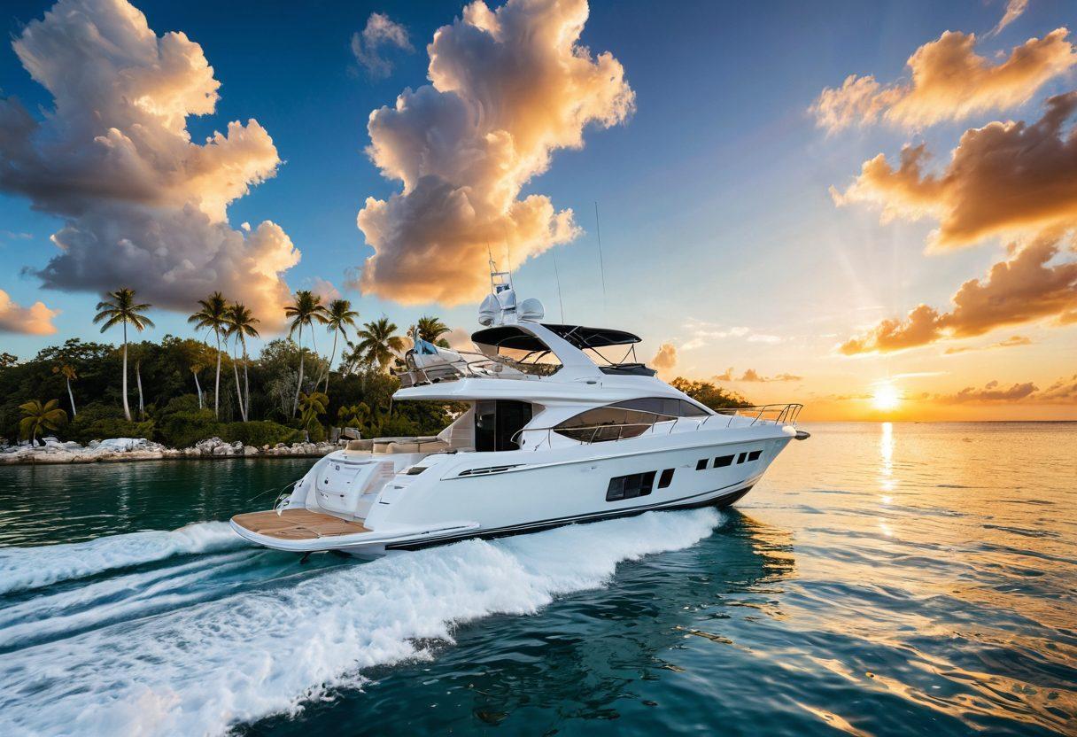 A beautiful luxury yacht gliding through crystal-clear waters, surrounded by a bright blue sky and fluffy white clouds. In the foreground, various boat accessories and safety equipment are displayed, symbolizing comprehensive coverage. The background features a serene coastline with palm trees and a sunset, highlighting the transition from liability to luxury. The image captures the essence of boat ownership and the importance of protection. super-realistic. vibrant colors. serene atmosphere.