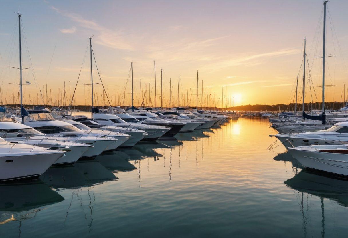 A serene marina at sunset featuring a variety of yachts, some with protective covers, while a knowledgeable insurance advisor explains essential coverage details to boat owners. The scene conveys a sense of calm and safety, surrounded by glistening water and soft golden light. include tools like a clipboard and marine charts visible on a nearby table. vibrant colors. 3D. hyper-realistic.