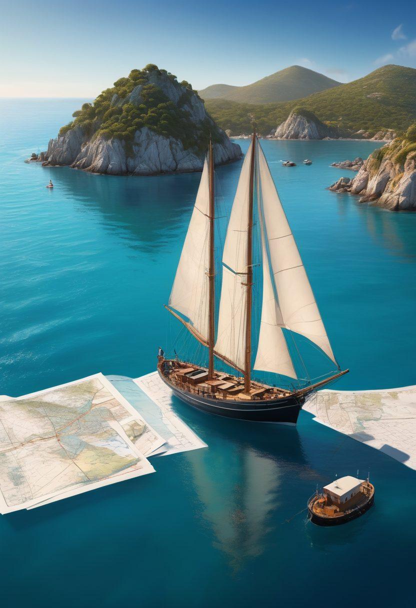 A serene nautical scene depicting a diverse range of vessels including sailboats and yachts anchored peacefully in a sunlit harbor. In the foreground, a knowledgeable maritime expert reviews insurance documents while engaging with a friendly boat owner, surrounded by charts and maps highlighting various routes and destinations. The backdrop features calm waters with distant islands and a clear blue sky, evoking a sense of adventure and security in maritime journeys. super-realistic. vibrant colors. 3D.